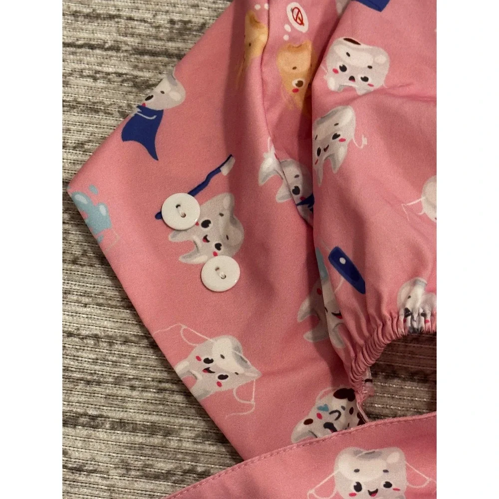 Set of 4 Dental Scrub Caps with Buttons for Masks Tooth Print Pink Blue Grey